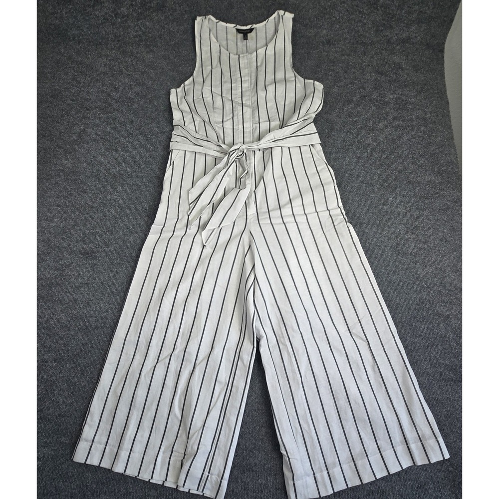 Banana Republic Stripe Linen Blend Wide-Leg Cropped Jumpsuit Black & White Sz 12